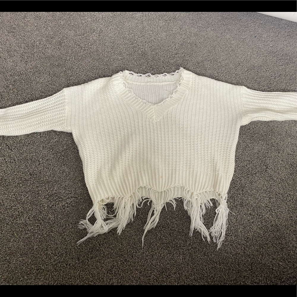 Distressed White Sweater